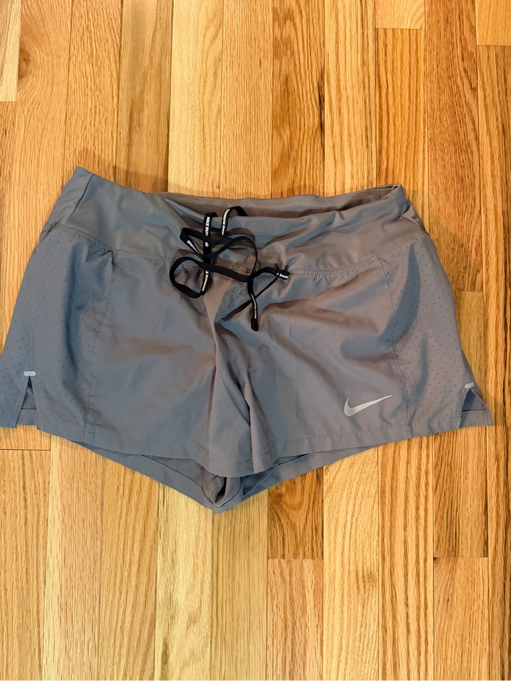 Nike Women's Light Gray Athletic Running Shorts with Black Drawcord